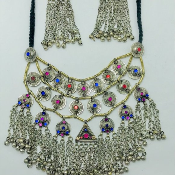 Handmade Jewelry Set, Vintage Choker Necklace With Long Bells and Dangle Earring - Picture 5 of 8